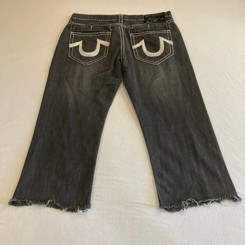 True Religion Jeans Men 40x26 Billy Super T Black Thick Stitch Raw Hem *BUTTONS*